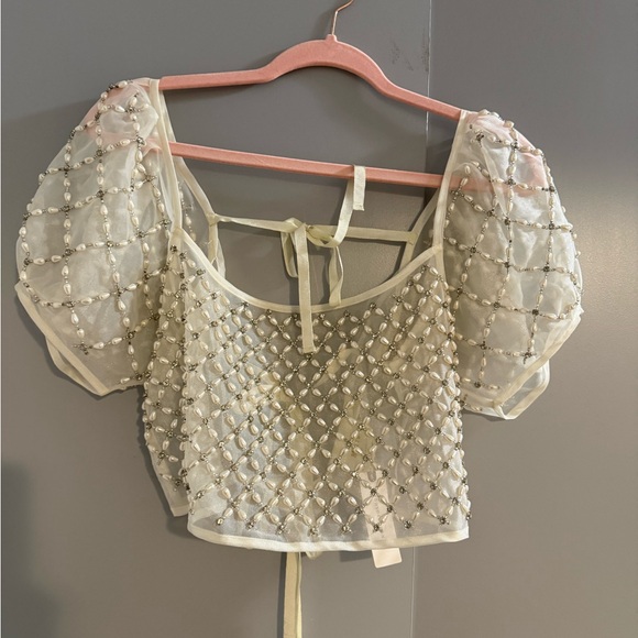 Anthropologie Tops - Anthropologie Cream Beaded Puff-Sleeve Crop Top